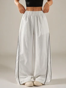 SHEIN PETITE Women's Autumn/Winter Street Style Vintage Holiday Outing Back To School Basic Black Wide Leg Pants, Essential For Daily Wear - White - View 5