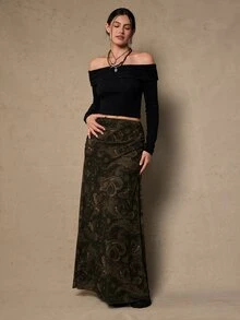 Freevana Plus Size Bohemian 90s Vintage Western Style Paisley Flower Print Versatile Black Knit Skirt For Women, Autumn/Winter Fall Brunch Date Night - Multicolor - View 6