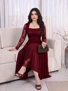 Feyla فستان نسائي أنيق برقبة مربعة وأكمام طويلة من الدانتيل - عنابي اللون - مشاهدة 1