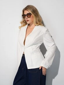Maija Plus Size Women's Solid Color Single Button Casual Commute Blazer - White - View 4