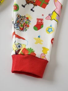 SpongeBob SquarePants | SHEIN طقم بيجامة منزلية كاجوال يومية للأطفال الصبيان بطبعة كرتونية، ملابس علوية بأكمام طويلة وبنطال - الأحمر - مشاهدة 7