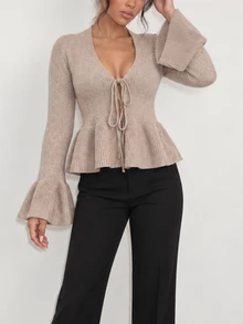 Selianne Women's V-Neck Ruffle Long Sleeve Knit Cardigan - Apricot - View 3