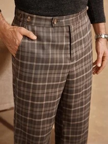 Core Aspect 2026 Spring Summer Men Vintage Brown Plaid Flare Dress Pants, Retro College & Smart Casual Style, Wr - Brown - View 1