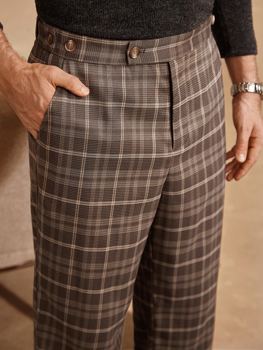 Core Aspect 2026 Spring Summer Men Vintage Brown Plaid Flare Dress Pants, Retro College & Smart Casual Style, Wr - Brown - View 1