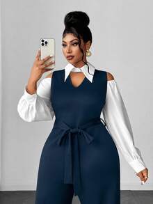 Maweii Plus Size Women's Sexy Jumpsuit, Black & White Colorblock, Commute Daily Office Wear, Shirt Collar, V-Neck Design, Waist Tie, Dropped Shoulder, Cutout Detail - Navy Blue - View 7