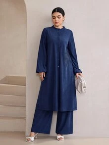 Graceveil Minimalist Chinese Style Stand Collar Button-Front Long Top & Wide Leg Pants 2 Pieces Set, Arabic Casual Outfit - Royal Blue - View 4