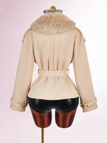 Amplova Women's Solid Color Fur Collar Dropped Shoulder Long Sleeve Double Breasted Overcoat - Grey - View 9