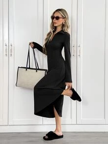 Easowa Women's Solid Color Casual Party Midi Dress - Black - View 4