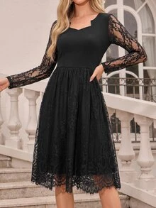 Amorya Women's Lace Patchwork Pleated Casual Party Mid-Length Dress - Black - View 5