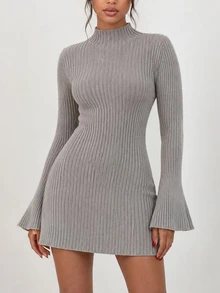 Selianne Women's Flare Sleeve A-Line Cinched Cinched Waist Elegant Design Sweater Dress - Light Grey - View 1