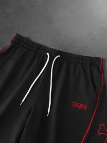 PAVTROS 男士十字刺繡抽繩腰口袋休閒短褲 - 黑色 - 查看 4