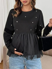 Dazy Maternity Contrast Mesh Hem Beaded Decor Loose Long Sleeve Casual Vacation Girl Korean Style Autumn/Winter Top Maternity T-Shirt - Black - View 1