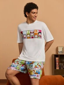 GARFIELD | SHEIN Men's Cartoon Print Short Sleeve T-Shirt And Shorts Loungewear Set - White - View 3