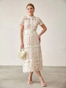 MOTF PREMIUM WATER-SOLUBLE EMBROIDERY PLUS SIZE WOMEN'S SHORT SLEEVE ELEGANT DRESS - Apricot - View 5