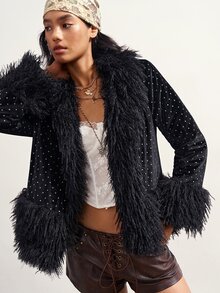 Bohemela Women's Polka Dot Fashion Versatile Winter Plush Patchwork Cardigan - Black - View 3