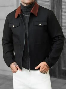 Manfinity CasualCool 男士拼色拉鍊休閒百搭日常旅行長袖夾克 - 黑色 - 查看 6