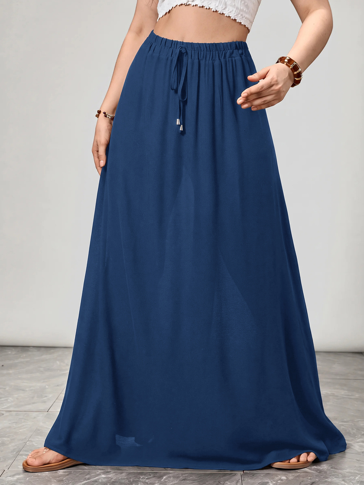SHEIN LUNE Plus Size Solid Color Versatile Drawstring Waist Midi Skirt For Office And Commute - Navy Blue - View 8