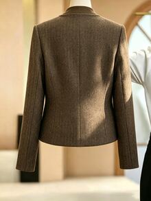 SHEIN Franclia Women Blazer Slim Fit Structured Shoulder Woolen Textured Knit Collar Single Breasted Old Money Brown Geometric Fall Clothes For Women - Coffee Brown - View 2