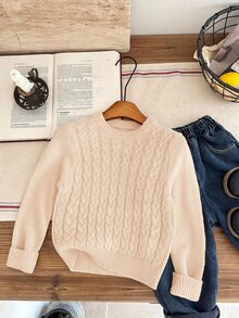 SHEIN 兒童小男孩秋冬毛衣，柔軟舒適學院風英倫風校服，適合返校日、職業日、聖誕節、萬聖節、生日 - 杏色 - 查看 3