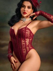 PinupPomp Body moldeador de encaje ultra sexy con mangas, estilo hot girl, atuendo de fiesta y lencería exterior, escote en V profundo - Burdeos - Ver 4