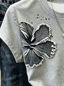 Franclia 女款外穿上衣 夏季新款 修身收腰 時尚百搭 灰色 花卉印花 女款T恤 - 彩色 - 查看 3