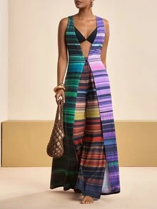Zivah New Elegant Women's Striped Sleeveless Cover Up & Wide Leg Pants 2 Pieces Set, Versatile For Multiple Occasions, Beach Vacation, Commuting - Multicolor - View 5