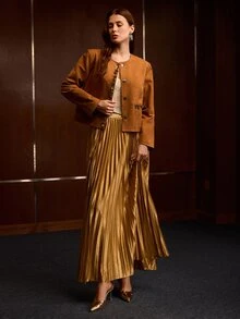 MOTF JAKET LENGAN PANJANG WANITA MODEL VINTAGE DENGAN SAKU BERHIAS PAYET DAN MANIK-MANIK - Coklat - View 4