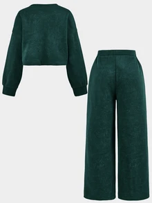 SHEIN Tween女孩秋冬休閒街頭風雪花印花寬鬆圓領長袖套頭衛衣與百褶寬腿運動褲套裝，2件套，咖啡棕色 - 綠色 - 查看 3