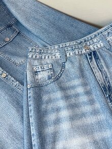 INAWLY Fashionable Minimalist Casual Denim Effect Print Single-Breasted Shirt And Pants 2 Pieces Set - Blue - View 5