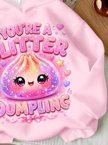 亮粉色多巴胺亮片捏捏樂麵包可愛食物圖案印花，You Are A Shiny Little Dumpling，女款休閒舒適柔軟寬鬆連帽衛衣，新款適合秋冬日常、外出、運動，俏皮甜酷女孩學院風，個性休閒時尚，Cyber Sweetheart，Y2K - 彩色 - 查看 4