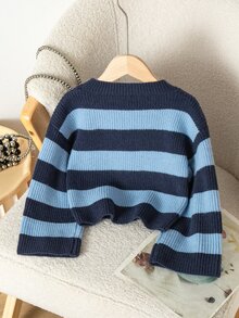 SHEIN Elladie kids 少女條紋圓領長袖休閒百搭針織衫 - 藏蓝色 - 查看 2