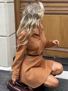 SHEIN LUNE Casual Women's Autumn/Winter Button-Down Shirt Dress Fall 2026 Clothes Work Brunch Shades Of Brown - Brown - View 6