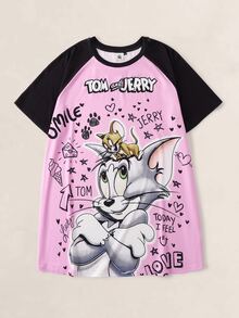TOM & JERRY X SHEIN 大尺碼卡通印花對比色圓領睡袍 - 粉色 - 查看 1