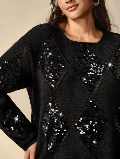 Nubod Plus Size Women's Black Argyle Sequin Long Sleeve Sweater