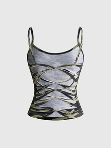 ROMWE Y2K Sexy Camo Cutout Backless Beaded Criss-Cross Tie Strap Tank Top For Women - Army Green - View 1