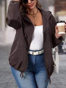 EMERY ROSE Plus Size Fashion Zipper Long Sleeve Hooded Jacket - Chocolate Brown - View 6