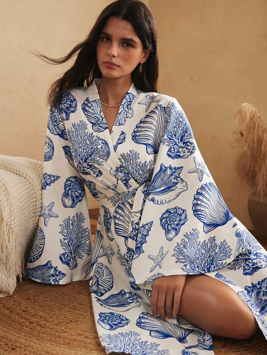 Lullawish Women's Bohemian Casual Vacation Beach Shell Ocean Element Print Tie Loose Woven Robe - Multicolor - View 1