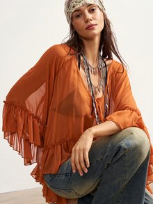 Bohemela Plus Size Women Solid Color V-Neck Front Tie Flared Sleeve Ruffle Hem Loose Fashion Blouse - Orange - View 7