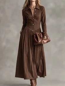 LUMIGAL Women's Solid Color Pleated Casual Party Dress - Coffee Brown - View 5