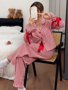 Napfluff Women's Romantic Red Striped Satin Bow Pajama Set, Party & Loungewear - Red - View 1