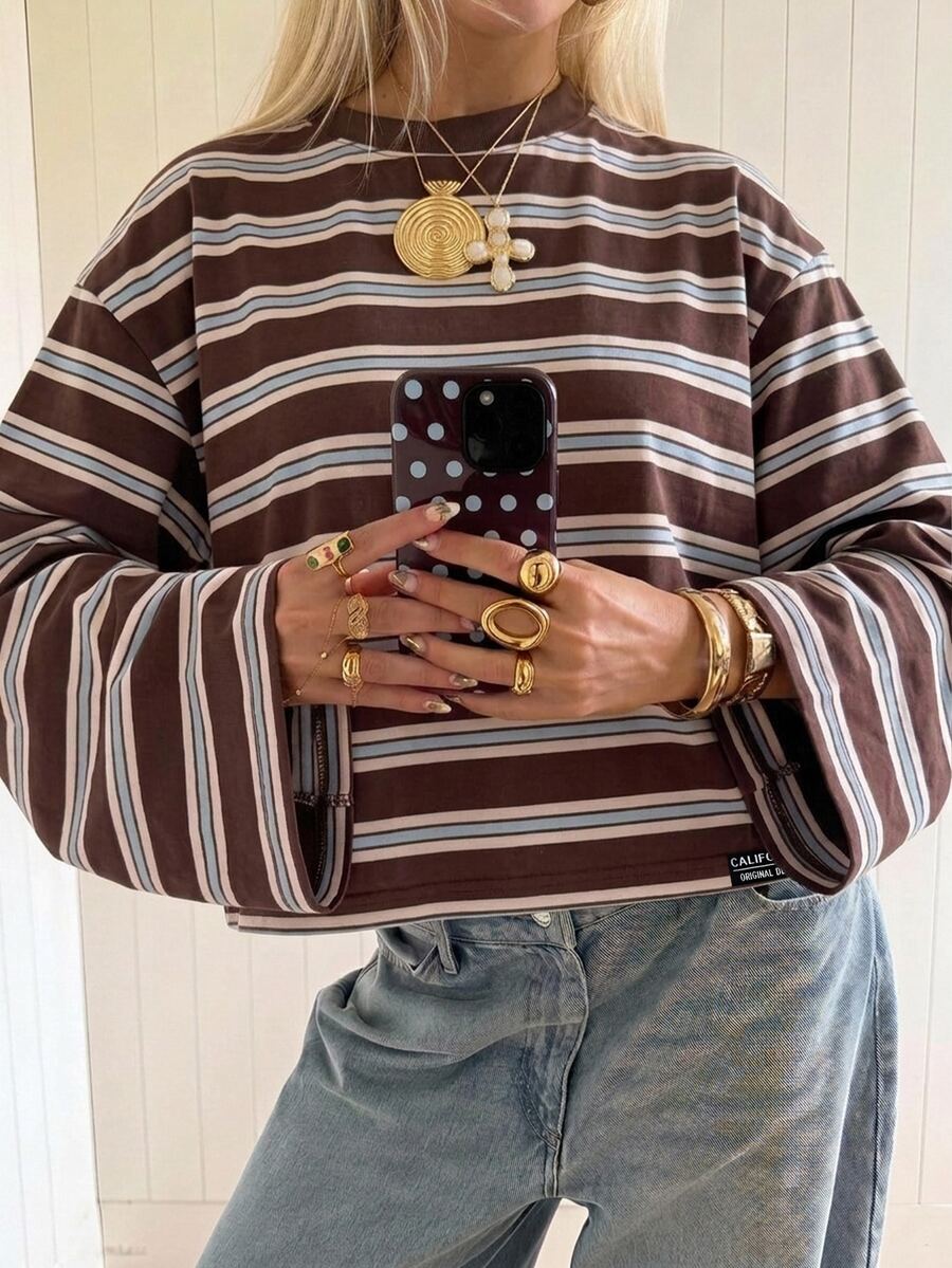 SHEIN EZwear Women's Fashion Striped Colorblock Denim T-Shirt Streetwear - Brown - View 1