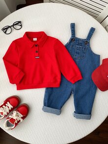 SHEIN 2件組嬰兒男孩女孩秋冬紅色 Polo 運動衫與牛仔吊帶褲套裝 嬰兒服飾運動衫套裝 牛仔套裝 - 彩色 - 查看 5