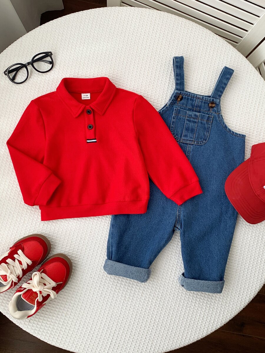 SHEIN 2pcs Baby Boy & Girl Autumn/Winter Red Polo Sweatshirt And Denim Overalls Set Infant Outfit Sweatshirt Set Denim Set - Multicolor - View 1