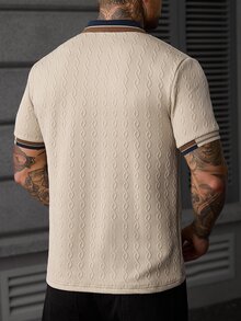 Manfinity CasualCool 男士時尚休閒短袖 Polo 衫，男士針織提花上衣，圖案短袖 Polo 衫，復古風格，日常休閒 - 卡其色 - 查看 2