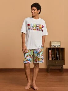 GARFIELD | SHEIN Men's Cartoon Print Short Sleeve T-Shirt And Shorts Loungewear Set - White - View 4