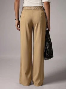 Avenya Low Waist Rivet & Ribbon Decor Wide Leg Pants, Slimming Drape, Casual Daily Commute - Khaki - View 2