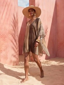 Zivah New Elegant Women's Colorblock Striped Print Robe Shawl Cover-Up, Suitable For Multiple Occasions, Elegant Beach Vacation - Multicolor - View 3