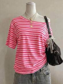 SHEIN EZwear 休閒極簡條紋滿版印花單肩落肩短袖寬鬆女款T恤 - 彩色 - 查看 3