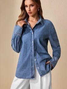 Selenza Women's Elegant Rhinestone Denim Shirt - Medium Wash - View 4