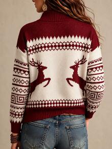SHEIN Cardigan Rajut Berkerudung dengan Resleting Motif Rusa Natal Musim Gugur/Musim Dingin untuk Wanita, Gaya Geometris Vintage Lengan Panjang - Red and White - View 2